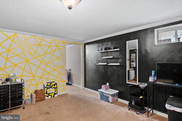 office area featuring ornamental molding and carpet flooring