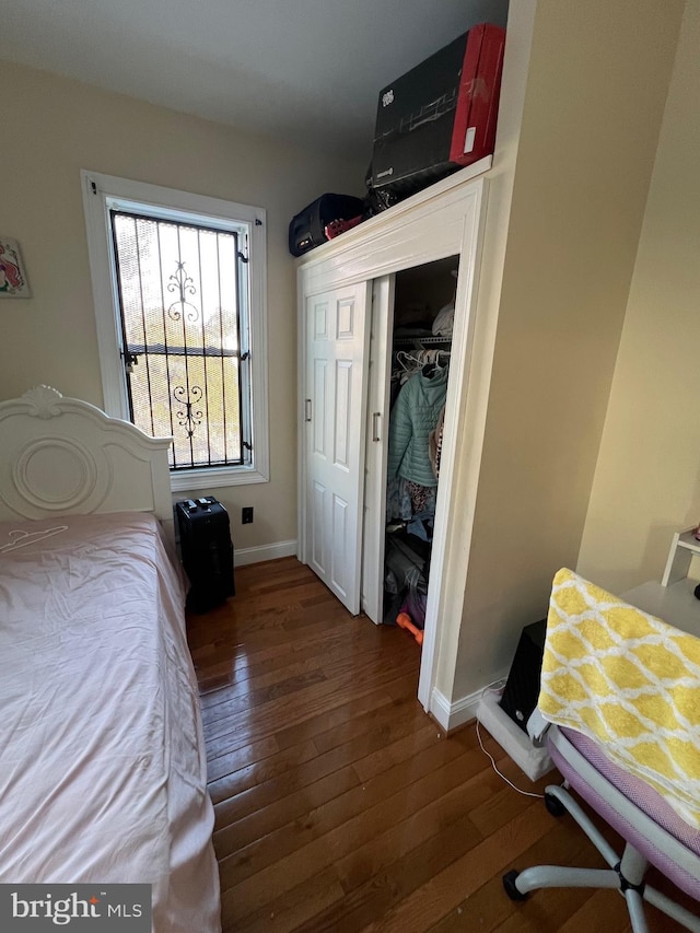 bedroom featuring dark wood-type flooring and a closet