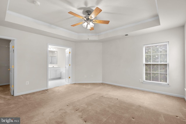 unfurnished bedroom with a spacious closet, a tray ceiling, light colored carpet, and baseboards