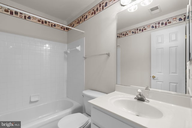 full bathroom featuring  shower combination, visible vents, vanity, and toilet