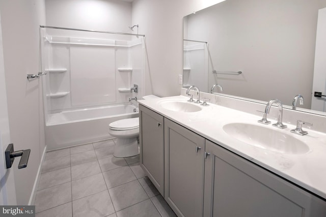 full bathroom featuring shower / washtub combination, vanity, tile patterned floors, and toilet