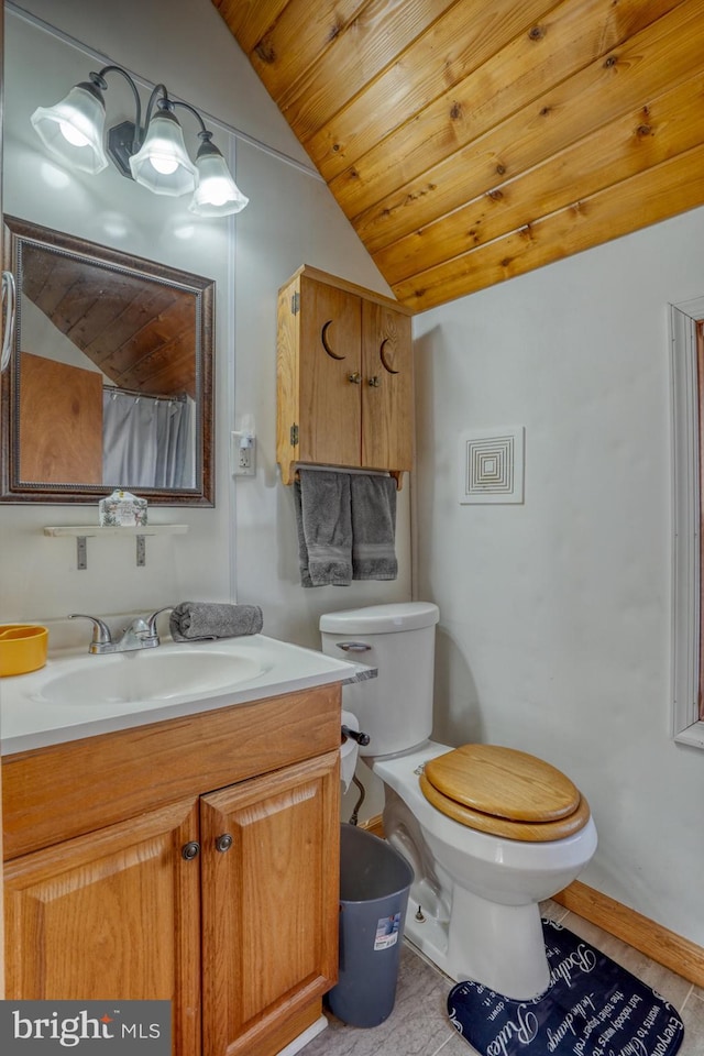 bathroom with toilet, wood ceiling, vaulted ceiling, vanity, and a shower with shower curtain