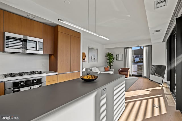 kitchen with appliances with stainless steel finishes and light hardwood / wood-style flooring