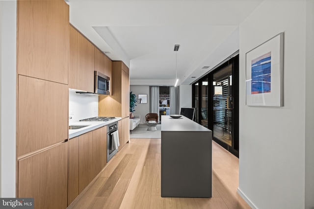 kitchen featuring hanging light fixtures, light hardwood / wood-style flooring, stainless steel appliances, and a kitchen island