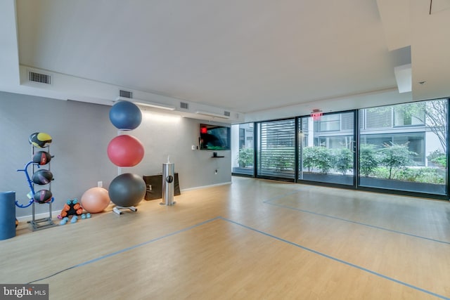 workout area with hardwood / wood-style flooring and a wealth of natural light