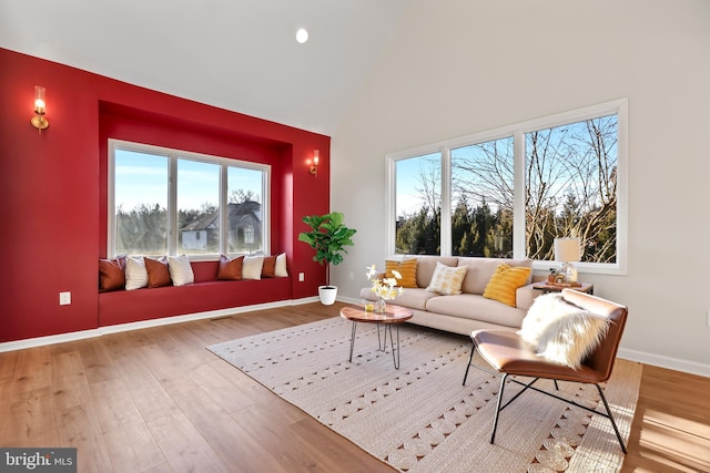 living room featuring high vaulted ceiling and wood-type flooring