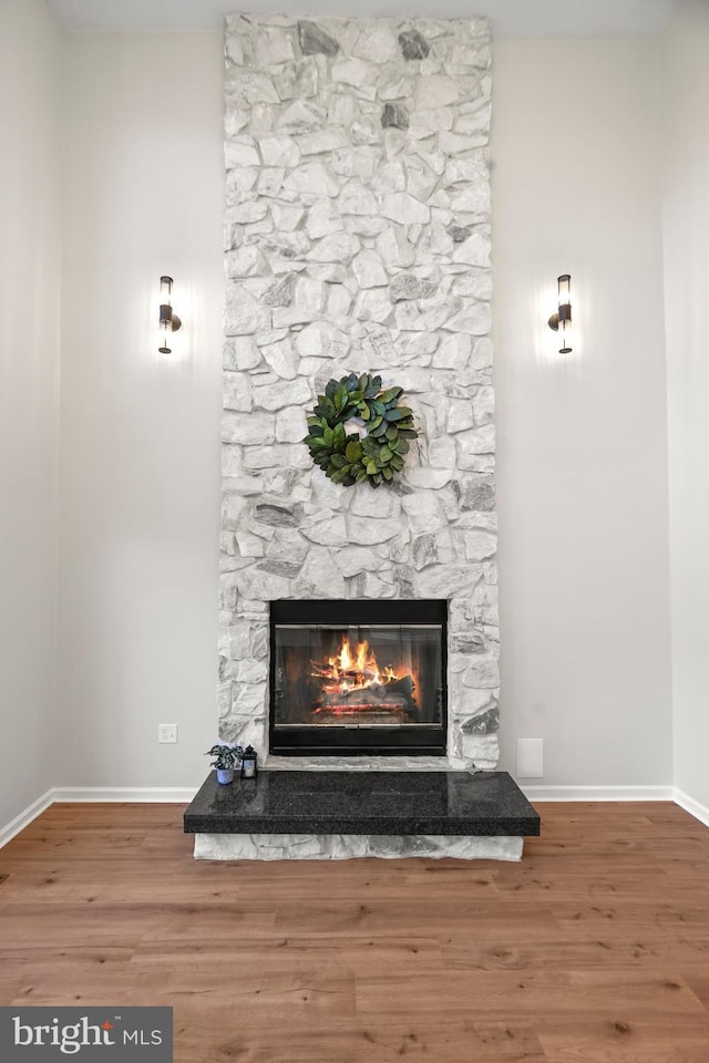 details with hardwood / wood-style floors and a stone fireplace