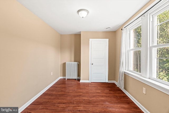 spare room featuring dark wood-type flooring, radiator, and a wealth of natural light