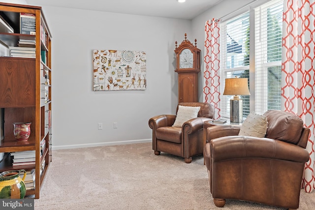 living area with light colored carpet