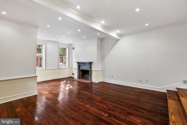 unfurnished living room featuring ornamental molding, beamed ceiling, and dark hardwood / wood-style flooring