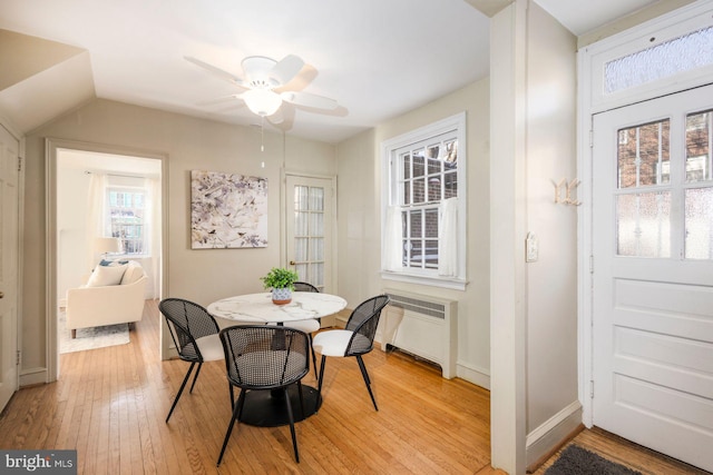 dining room featuring a wealth of natural light, radiator heating unit, ceiling fan, and light hardwood / wood-style floors