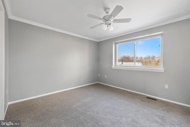 carpeted spare room with ceiling fan and ornamental molding