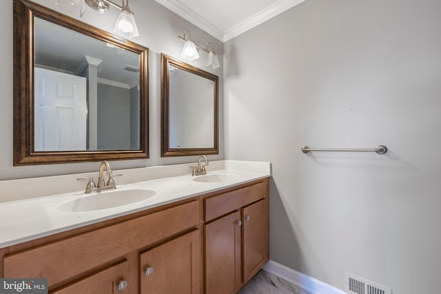 bathroom with vanity and ornamental molding