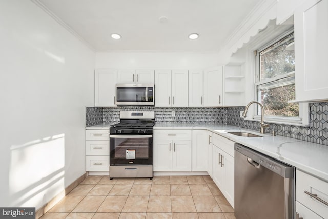 kitchen with sink, stainless steel appliances, and white cabinets