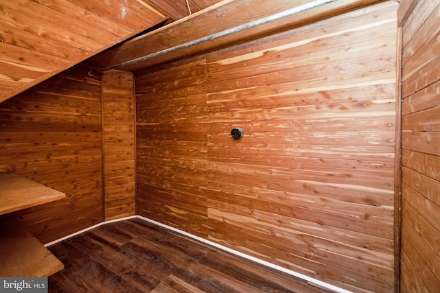 clothes washing area featuring hardwood / wood-style flooring and wooden walls