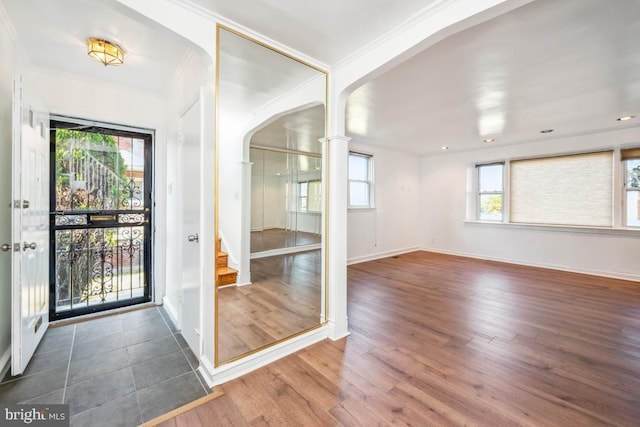 foyer entrance with crown molding, plenty of natural light, and dark wood-type flooring