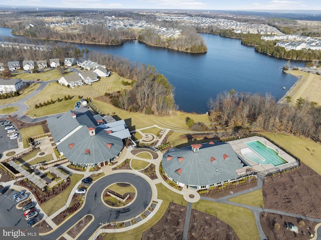 drone / aerial view with a water view