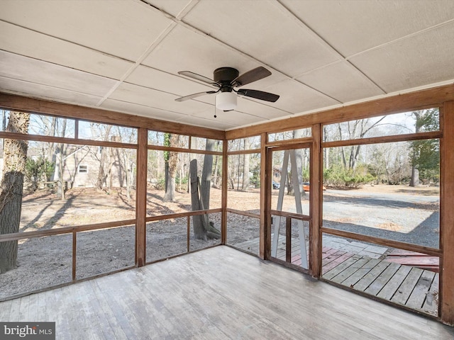 unfurnished sunroom with a healthy amount of sunlight, ceiling fan, and a paneled ceiling