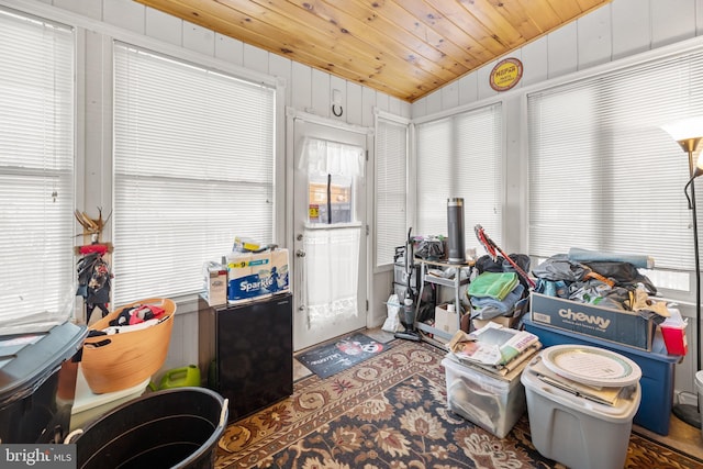 miscellaneous room featuring wood ceiling, vaulted ceiling, and wood walls