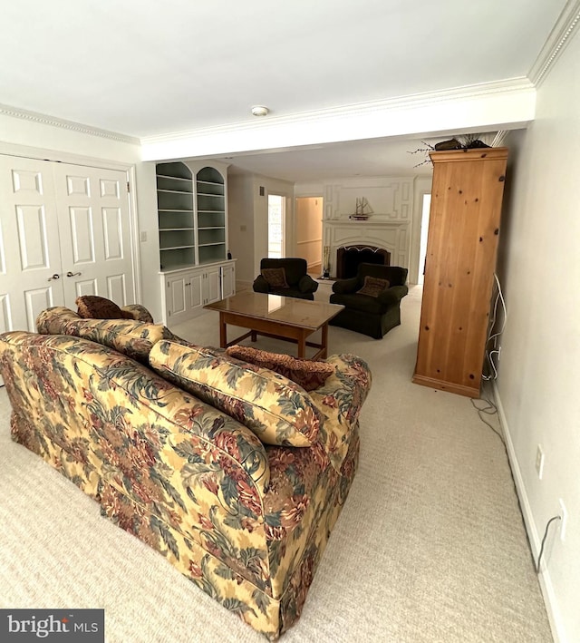 living room featuring ornamental molding, light colored carpet, and built in features