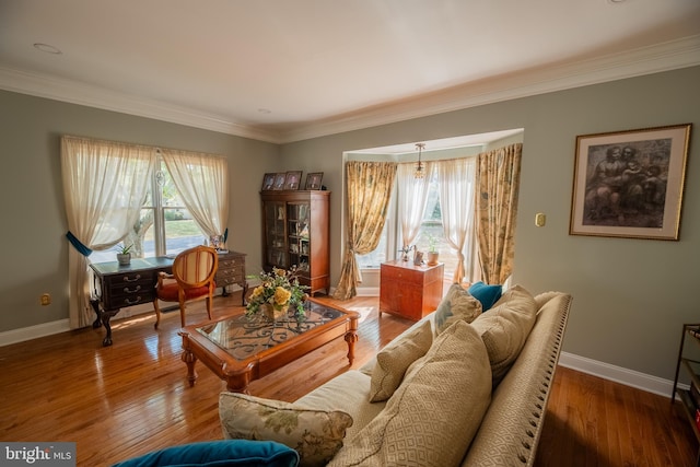 living room with ornamental molding and wood-type flooring