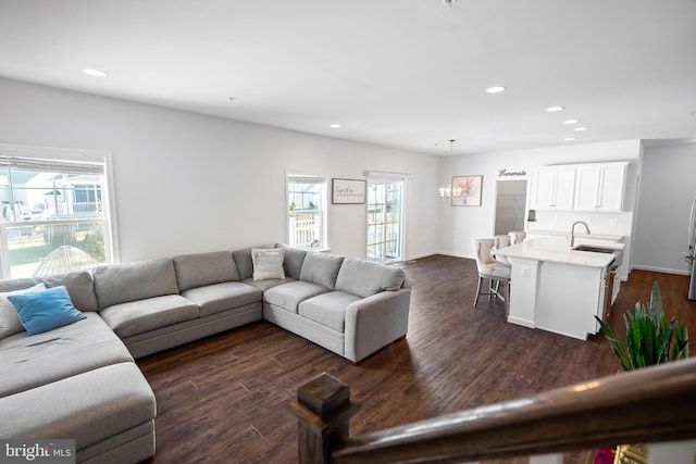 living room with sink and dark hardwood / wood-style floors