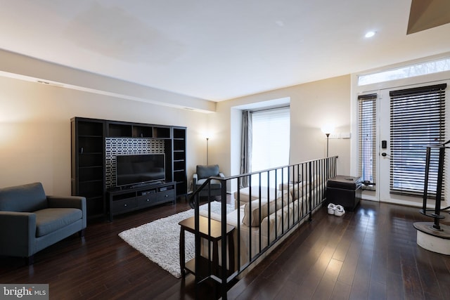 living room with dark hardwood / wood-style floors