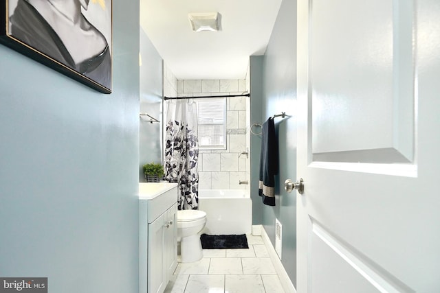 full bathroom with vanity, shower / bathtub combination with curtain, and toilet