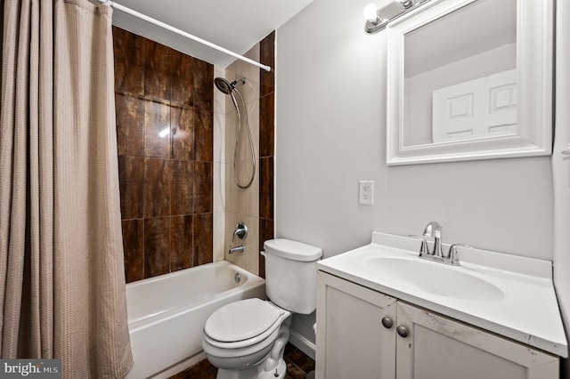 full bathroom with vanity, toilet, and shower / bathtub combination with curtain