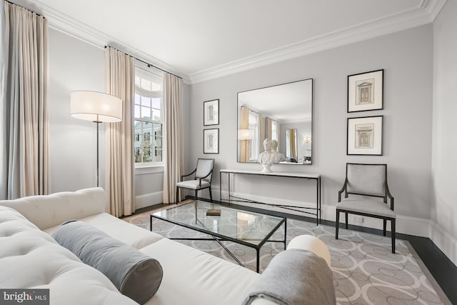 living area with light hardwood / wood-style floors and ornamental molding