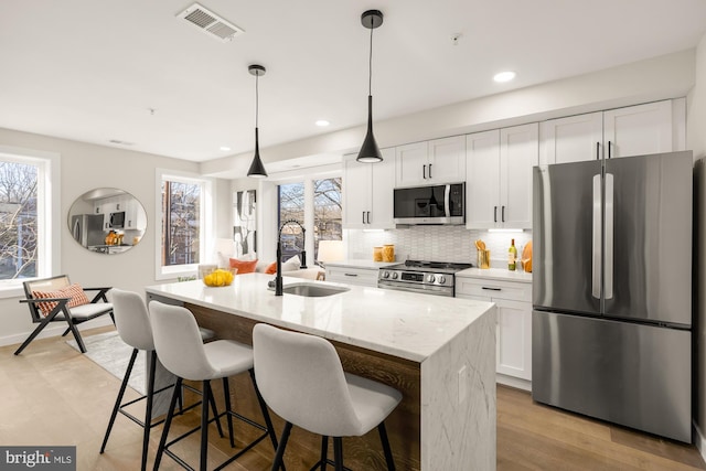 kitchen featuring sink, white cabinetry, stainless steel appliances, and a kitchen island with sink