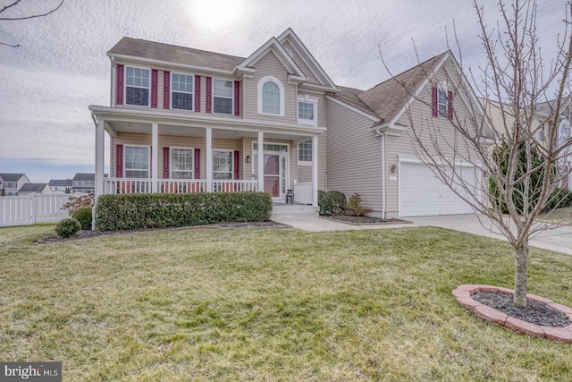 view of front of house featuring a porch, a garage, fence, concrete driveway, and a front lawn