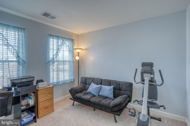 office with carpet, visible vents, and baseboards