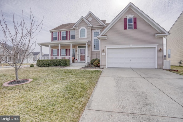 view of front of house with covered porch, an attached garage, cooling unit, driveway, and a front lawn