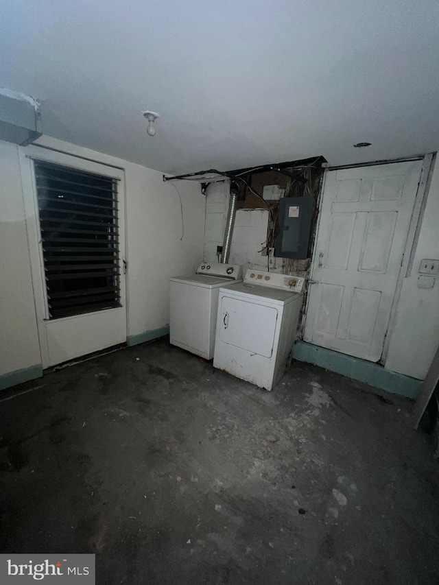 laundry room with electric panel and washing machine and clothes dryer