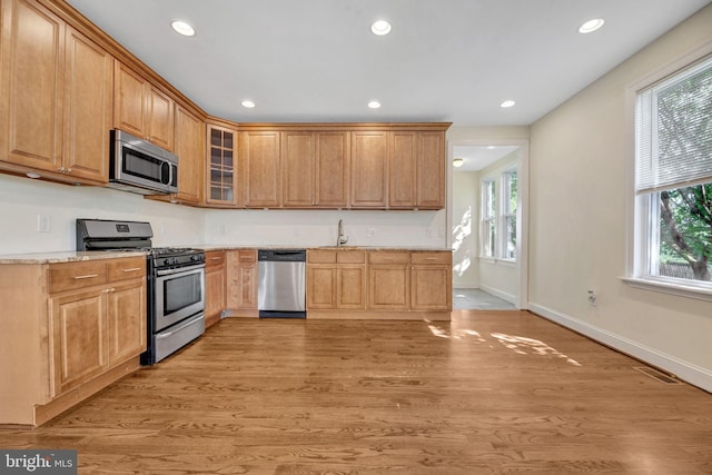 kitchen featuring light hardwood / wood-style floors, stainless steel appliances, light stone countertops, and sink