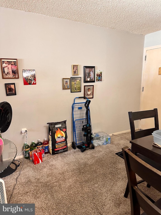 rec room with carpet floors and a textured ceiling