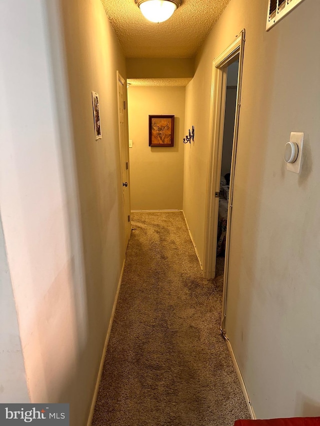 hallway with carpet flooring and a textured ceiling