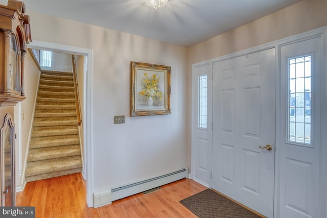 entryway featuring light wood-type flooring and a baseboard heating unit