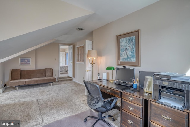 office featuring lofted ceiling, a baseboard heating unit, and light colored carpet