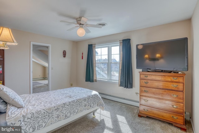 carpeted bedroom with ceiling fan and a baseboard heating unit