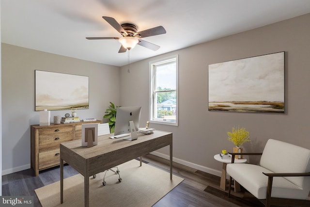 office area featuring dark wood-type flooring and ceiling fan