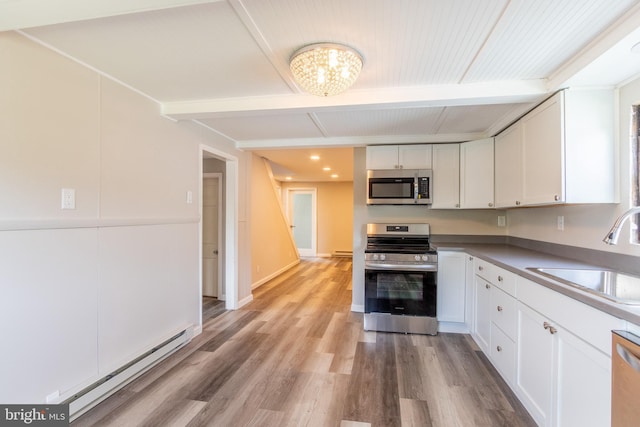 kitchen with white cabinetry, sink, stainless steel appliances, and a baseboard heating unit