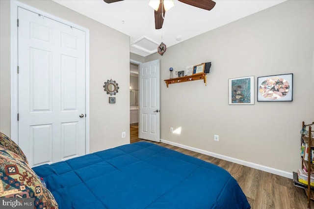 bedroom featuring wood-type flooring and ceiling fan