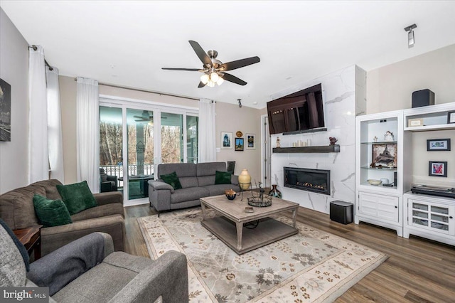 living room featuring wood-type flooring, a premium fireplace, and ceiling fan