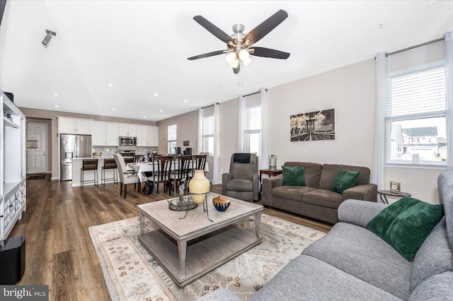 living room featuring ceiling fan and wood-type flooring