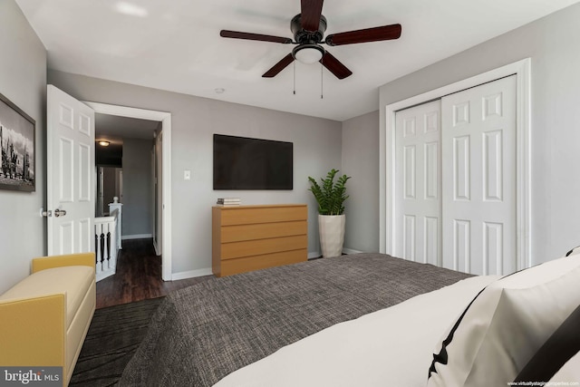 bedroom with ceiling fan, dark hardwood / wood-style flooring, and a closet