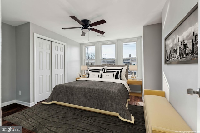 bedroom featuring hardwood / wood-style flooring, ceiling fan, and a closet