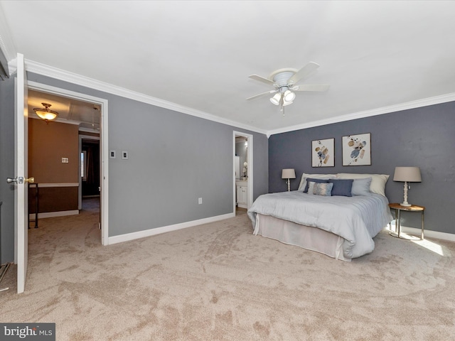 bedroom with ceiling fan, ensuite bath, ornamental molding, and light carpet