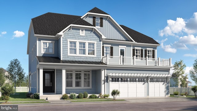 view of front of house with a balcony and a garage